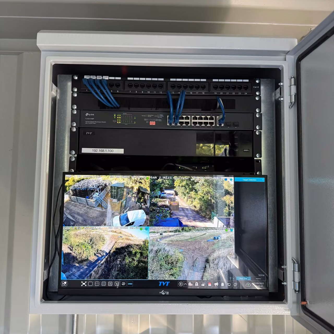 CCTV recording cabinet with network equipment and monitoring screen
